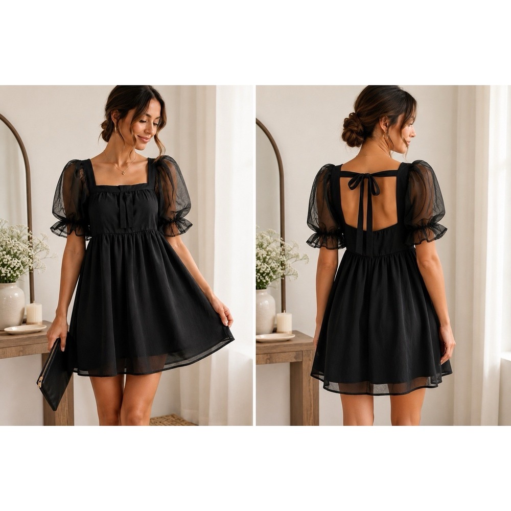 NWT Entro Babydoll Mini Dress M Organza Black Puff Sleeve Empire Waist Tie Back